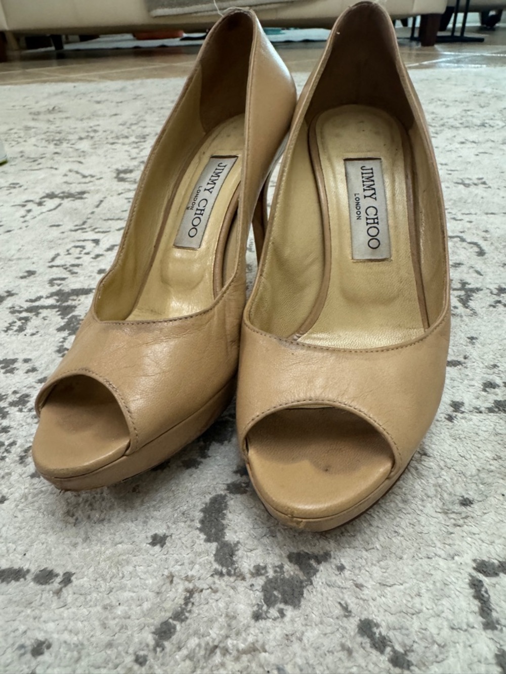 Jimmy Choo Beige Peep-Toe Leather Pumps - Picture 1 of 8